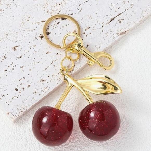 Cherry Bag Charm & Key Ring NEW Red Sparkly Cherries with Goldtone Hardware - Picture 3 of 7